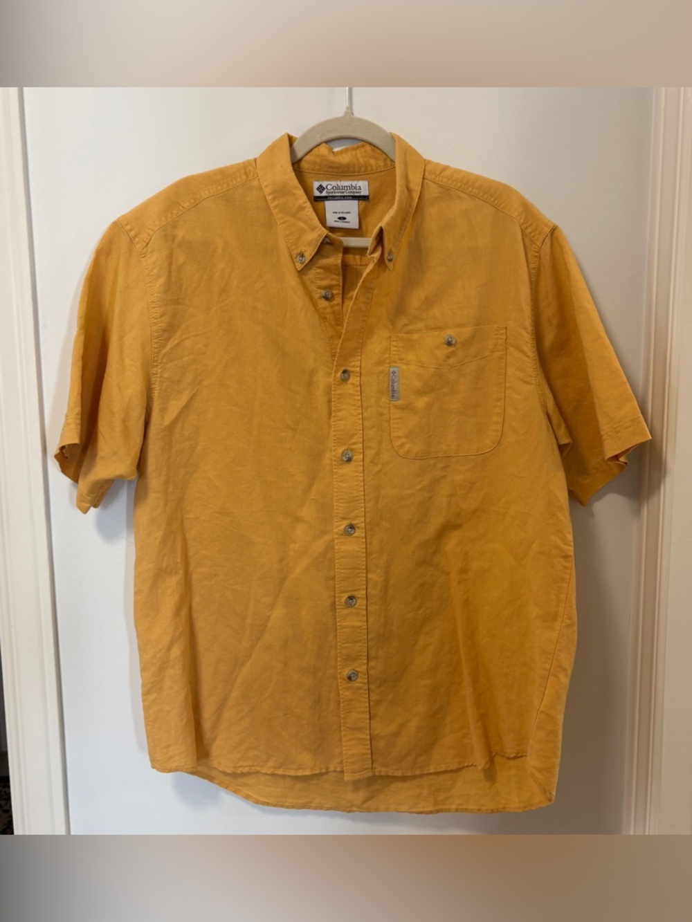 Columbia Short Sleeve Shirt Ramie Cotton Top Pocket Golf Yellow Mens Size L